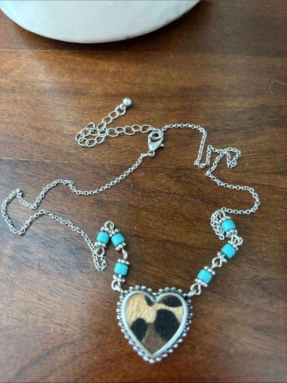 Carol D Studio Calf Hair Leopard print heart pendant,turquoise stones